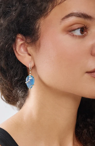 18K Yellow Gold Iris Milky Aquamarine and Natural Diamond Drop Earrings