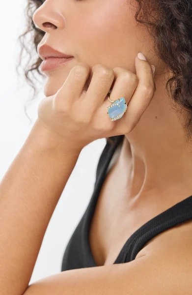 18K Yellow Gold Iris Milky Aquamarine and Natural Diamond Statement Ring