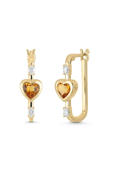 18K Yellow Gold Iris Citrine and Natural Diamond Heart Hoop Earrings