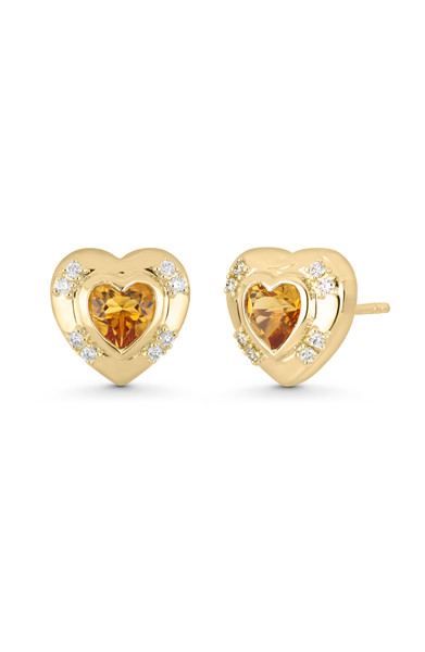 18K Yellow Gold Iris Citrine and Natural Diamond Heart Stud Earrings