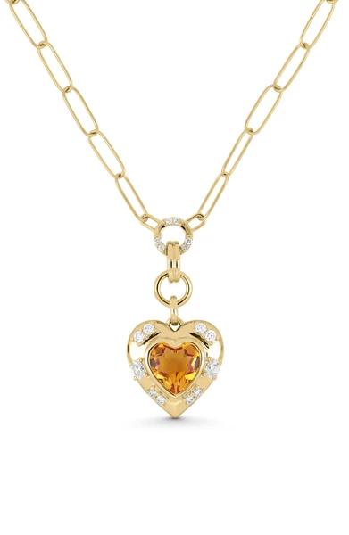 18K Yellow Gold Iris Citrine and Natural Diamond Heart Pendant Necklace