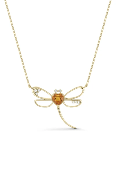 18K Yellow Gold Iris Citrine and Natural Diamond Dragonfly Pendant Necklace