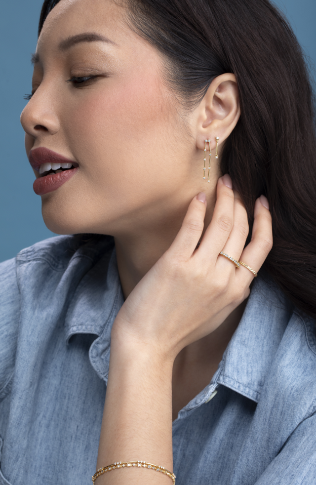 18K Yellow Gold Diamond Bony Levy Icon Linear Drop Earrings