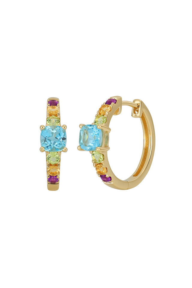 14K Yellow Gold Swiss Blue Topaz Bony Levy Color Mixed Stone Hoop Earrings