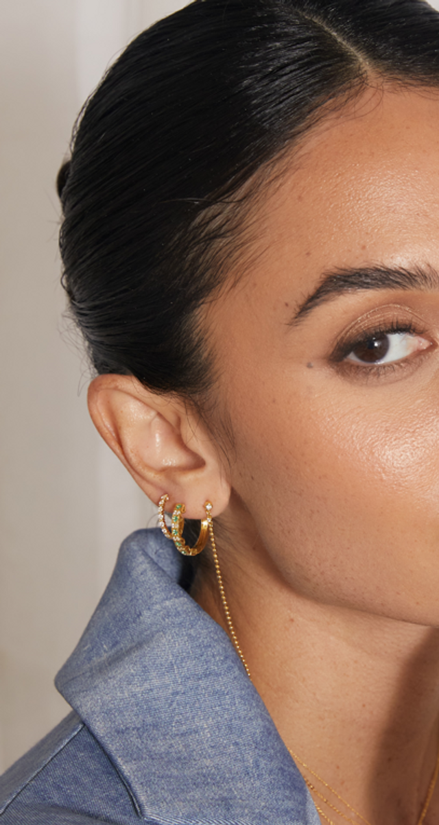 18K Yellow Gold Emerald & Diamond El Mar Mini Hoop Earrings