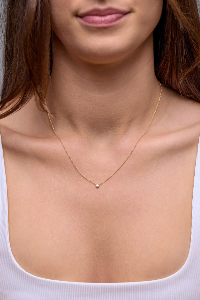 18K Yellow Gold Bony Levy Petite Bezel Diamond Solitaire Necklace 