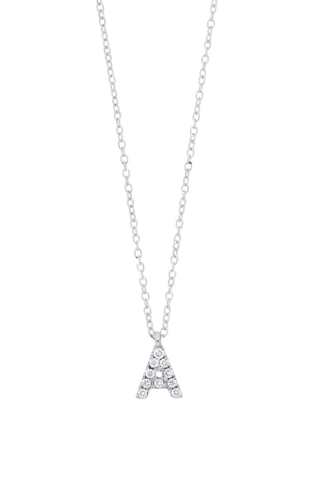 18K White Gold Diamond Bony Levy Mini Initial Pave Pendant Necklace 