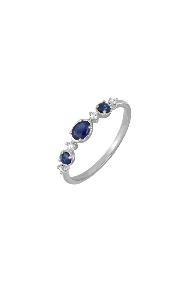 18K White Gold Mixed Stones w/ Natural Diamond El Mar Sapphire Oval Thin Stackable Ring
