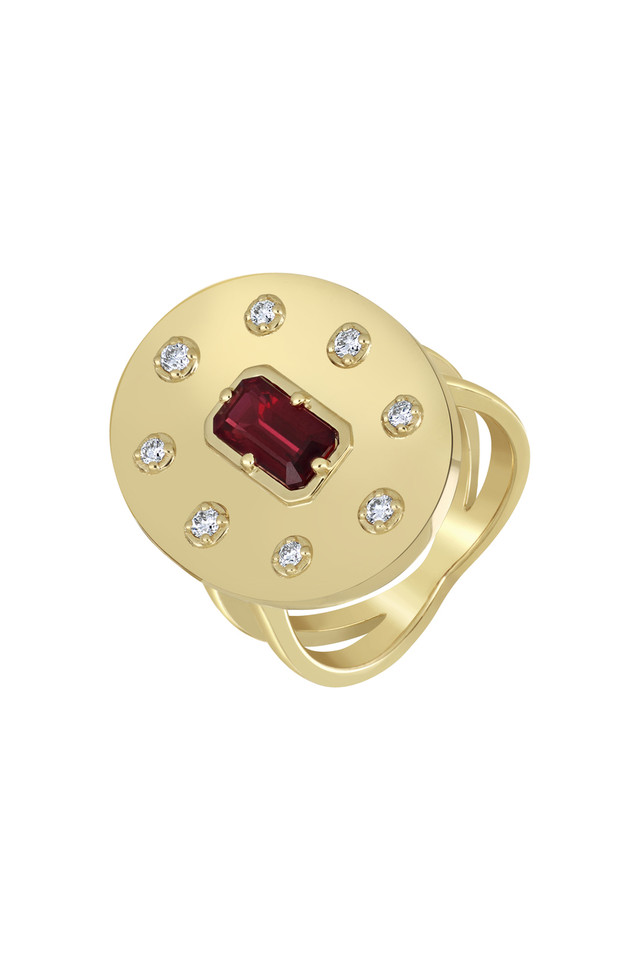 18K Yellow Gold Ruby w/ Diamond El Mar Polished Split Shank Statement Ring