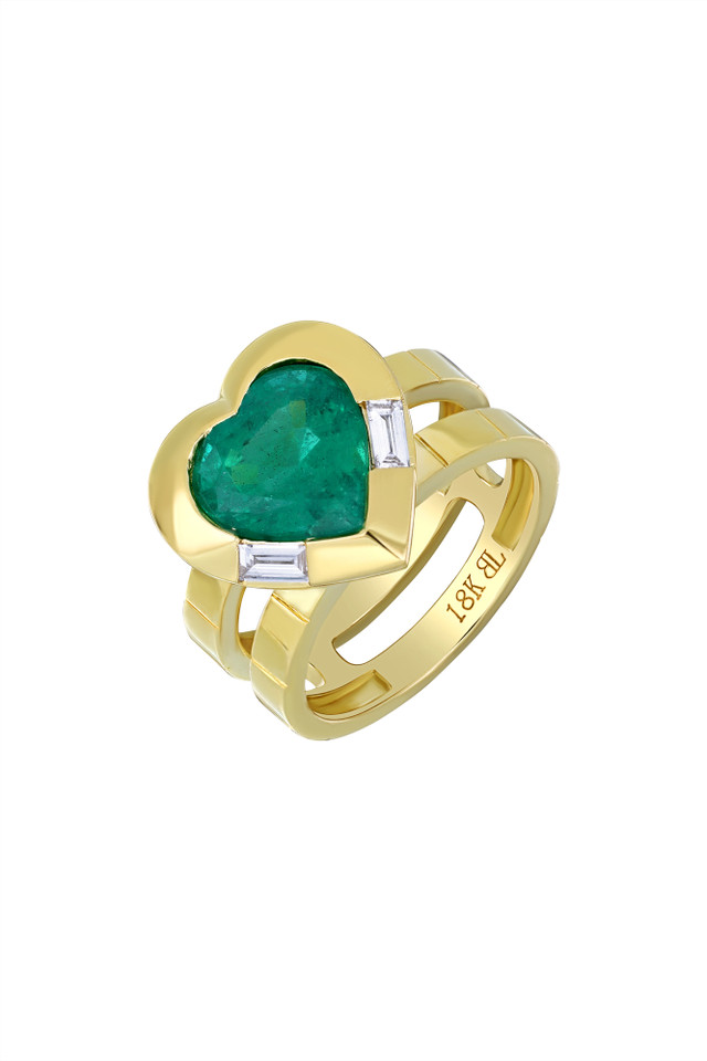 18K Yellow Gold Emerald w/ Diamond El Mar Centered Heart Shape Statement Ring