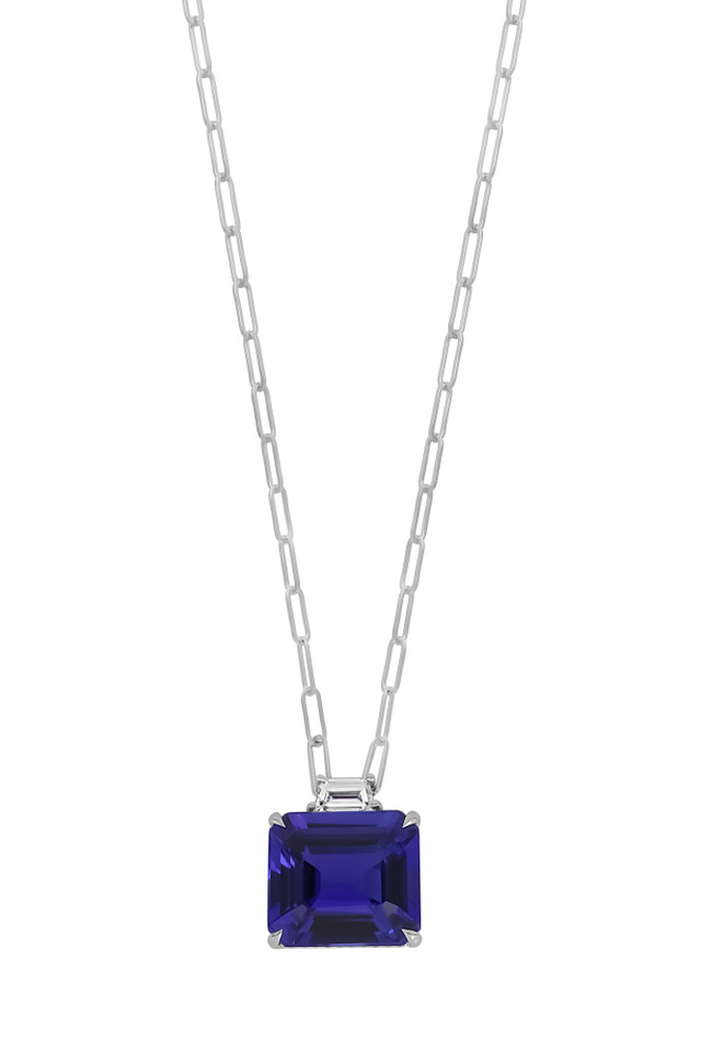 18K White Gold Tanzanite w/ Diamond Bony Levy Limited Edition Asscher-Cut Pendant Necklace