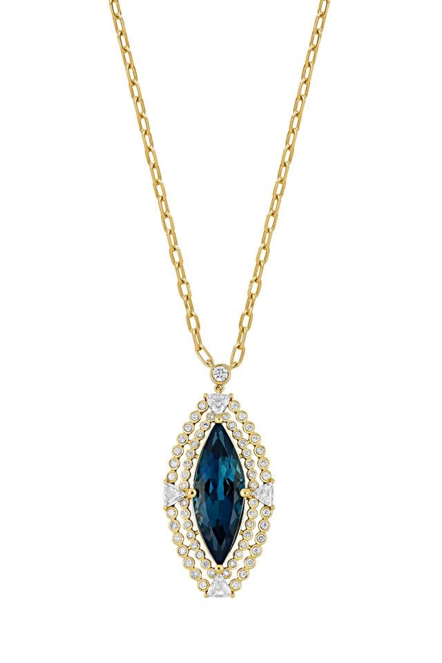 18K Yellow Gold London Blue Topaz w/ Diamond Iris Elongated Marquise Pendant Necklace