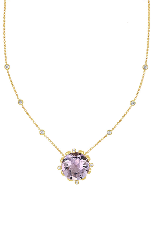 18K Yellow Gold Rose De France Iris Classic Gemstone Pendant Silhouette Necklace