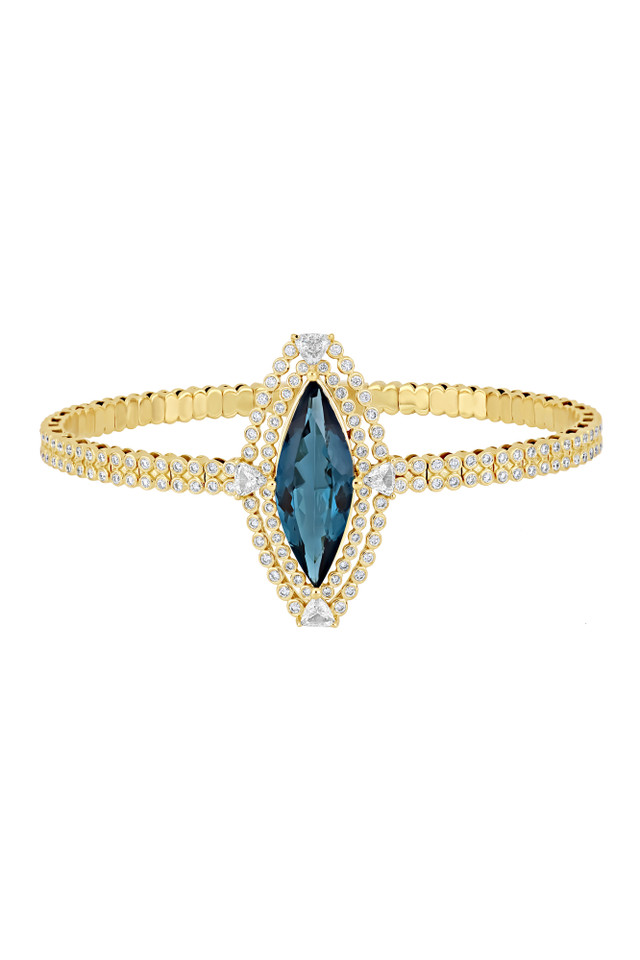 18K Yellow Gold London Blue Topaz w/ Diamond Iris Textured Bangle Bracelet