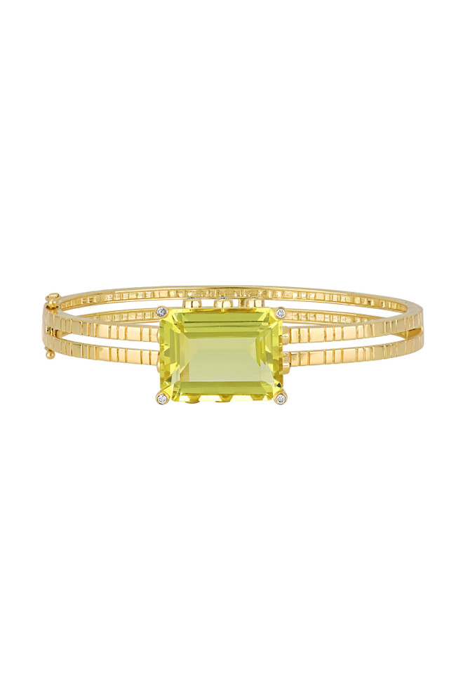 18K Yellow Gold Lemon Quartz w/ Diamond Iris Cuff Bangle Bracelet