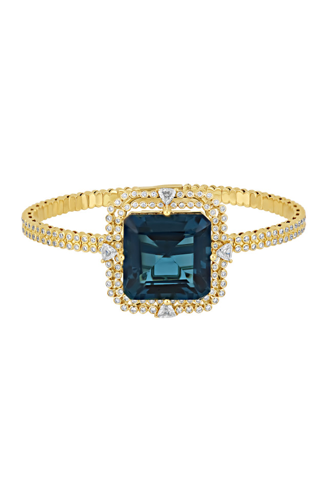 18K Yellow Gold London Blue Topaz w/ Diamond Iris Architectural Elegance Bangle Bracelet