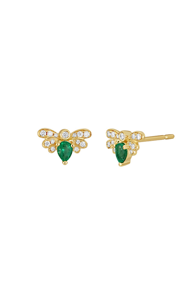 18K Yellow Gold Emerald w/ Diamond El Mar Bee Stud Earring