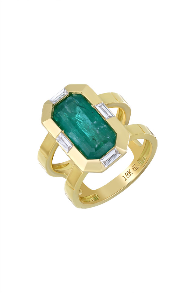 18K Yellow Gold Emerald w/ Diamond El Mar Dual Shank Statement Ring