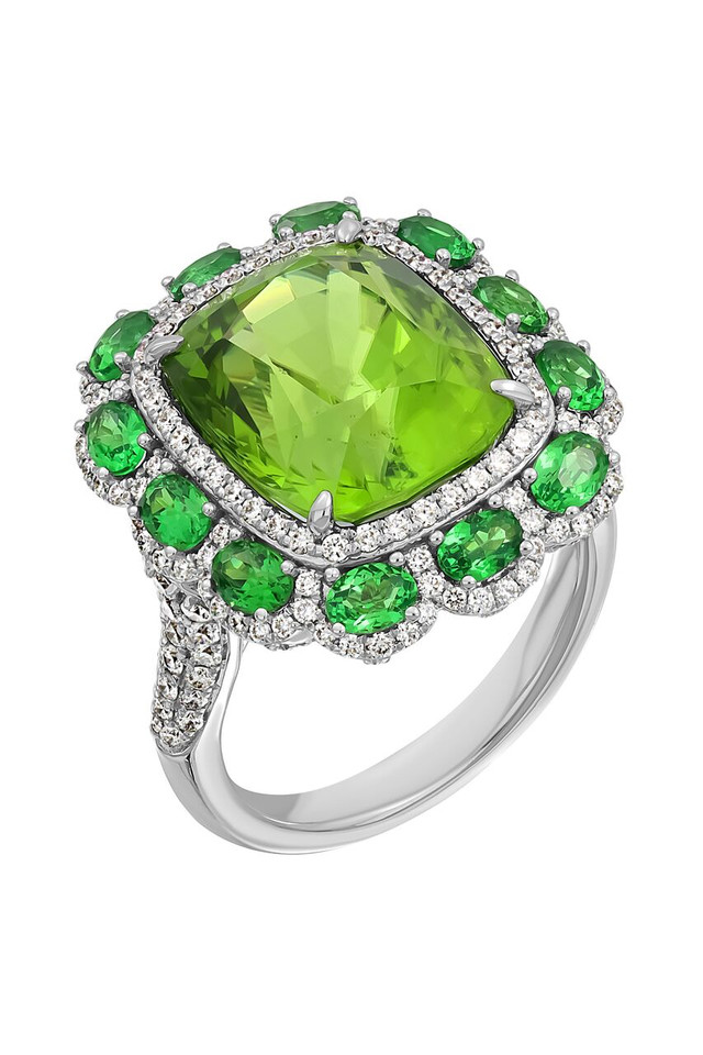 18K White Gold Peridot and Diamond Iris Elegant Statement Ring