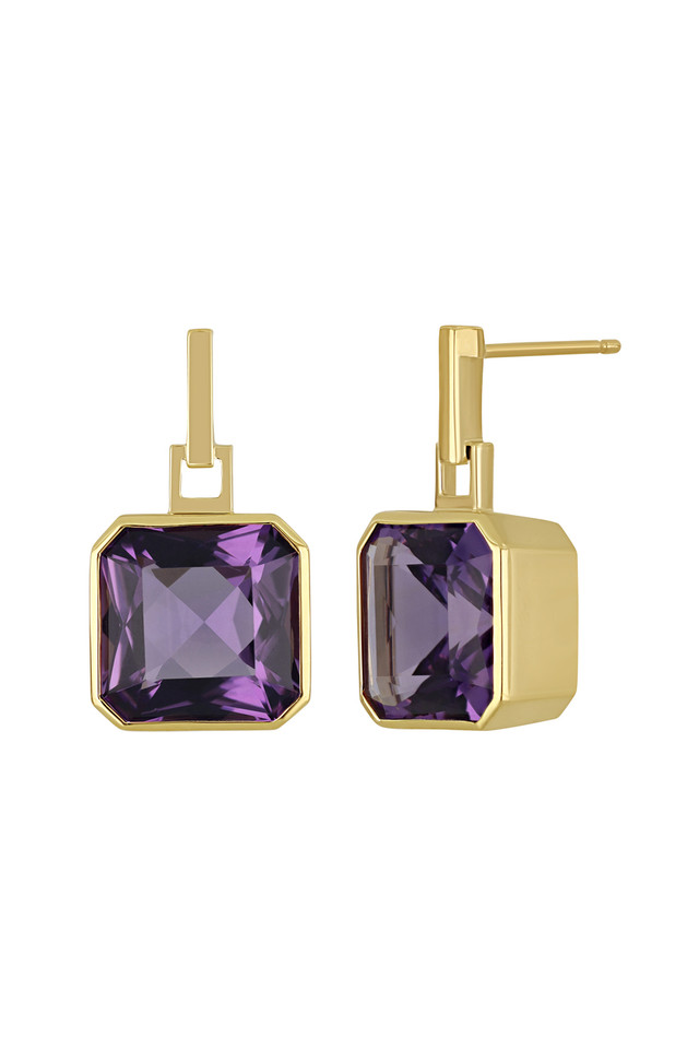 14K Yellow Gold Amethyst Hoop Earrings