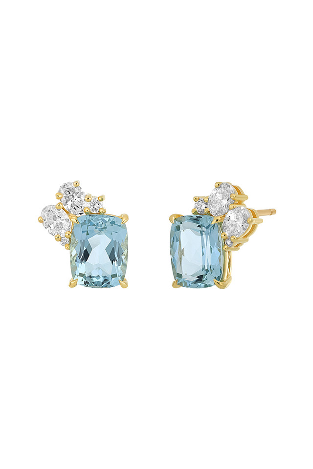 18K Yellow Gold Aquamarine Diamond Cluster Luxe Stud Earrings