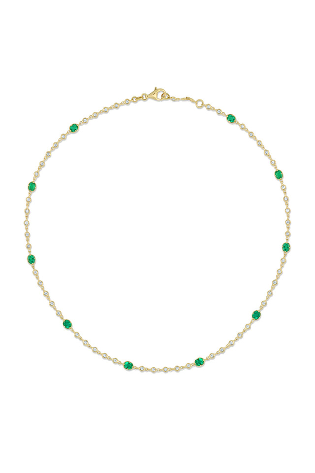 18K Yellow Gold Emerald with Natural Diamond El Mar Tennis Necklace