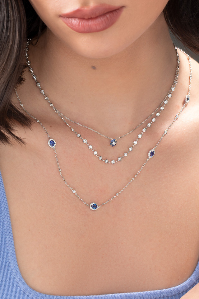 18K White Gold Sapphire with Natural Diamond Sophisticated Station Necklace