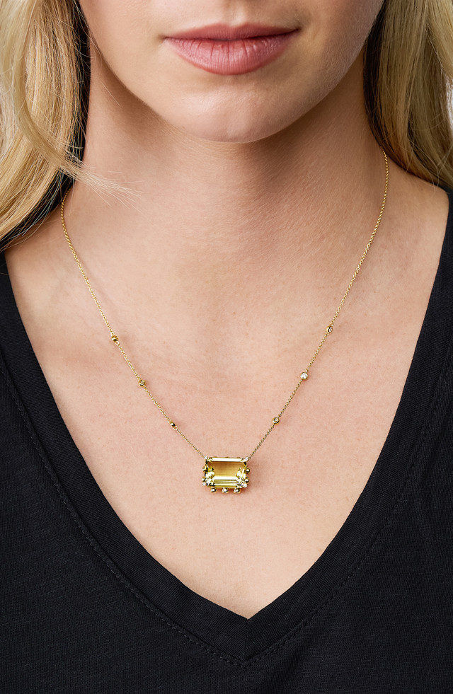 18K Yellow Gold Iris Lemon Quartz and Natural Diamond Pendant Necklace