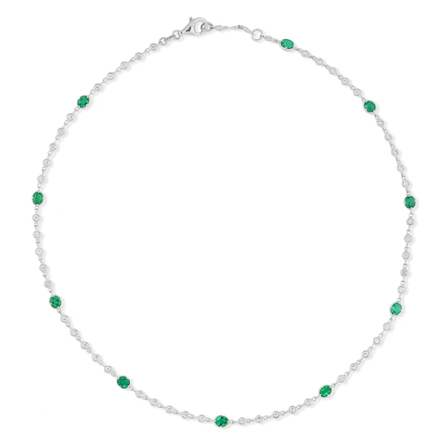 18K White Gold El Mar Emerald and Natural Diamond by the Yard Necklace
