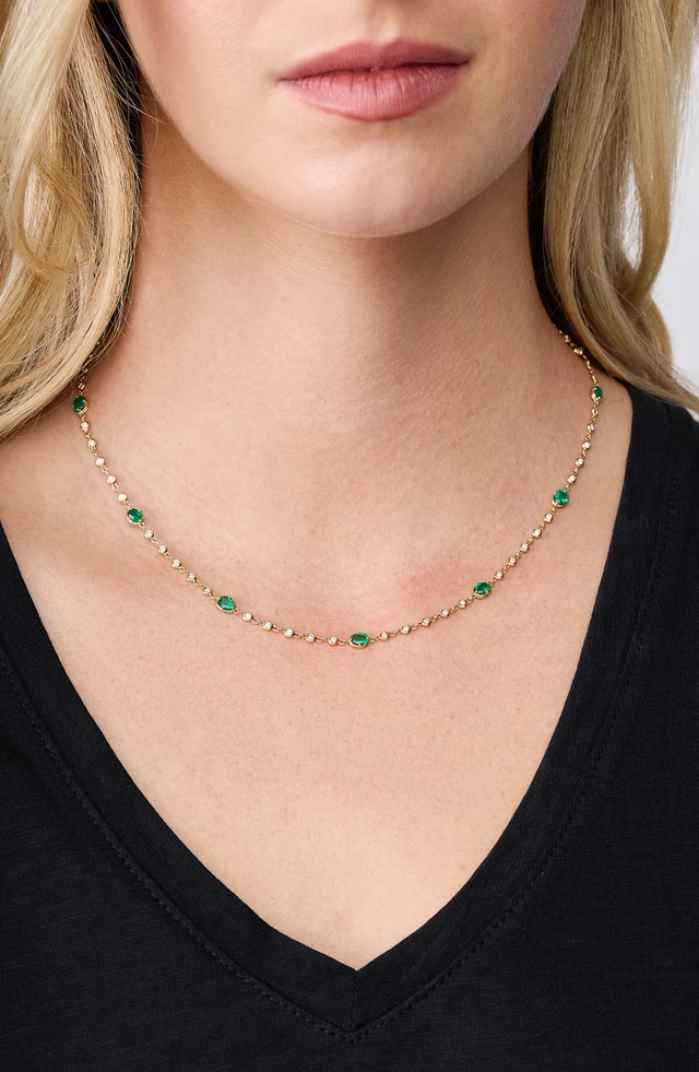 18K White Gold El Mar Emerald and Natural Diamond by the Yard Necklace