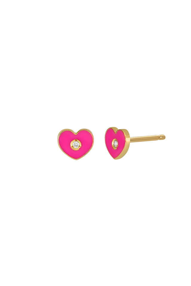 18K Yellow Gold Icon Natural Diamond Small Heart Pink Enamel Stud Earrings