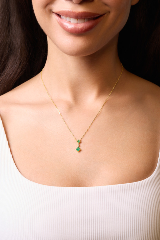18K Yellow Gold El Mar Emerald and Natural Diamond Clover Pendant Necklace