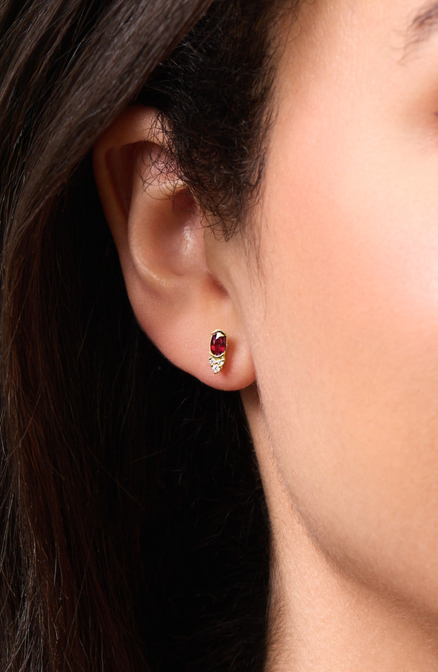 18K Yellow Gold El Mar Ruby and Natural Diamond Hoop Earring