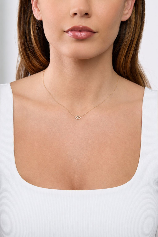 18K Yellow Gold Icon Natural Diamond Evil Eye Pendant Necklace