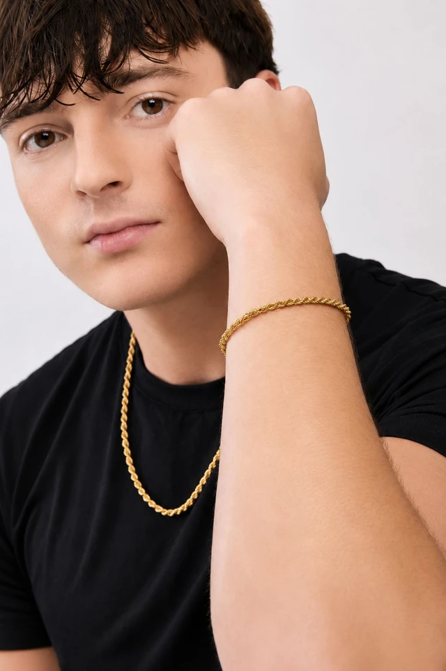 14K Yellow Gold Men's 3.7mm Rope Chain Bracelet