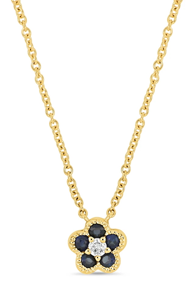 18K Yellow Gold El Mar Blue Sapphire and Natural Diamond Flower Pendant Necklace