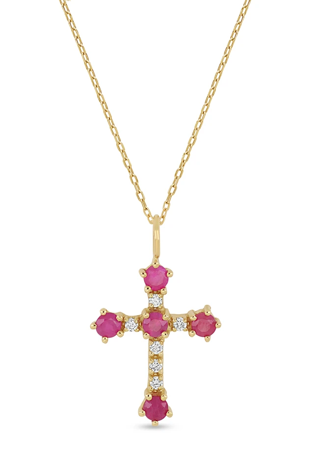 18K Yellow Gold El Mar Ruby and Natural Diamond Cross Pendant Necklace