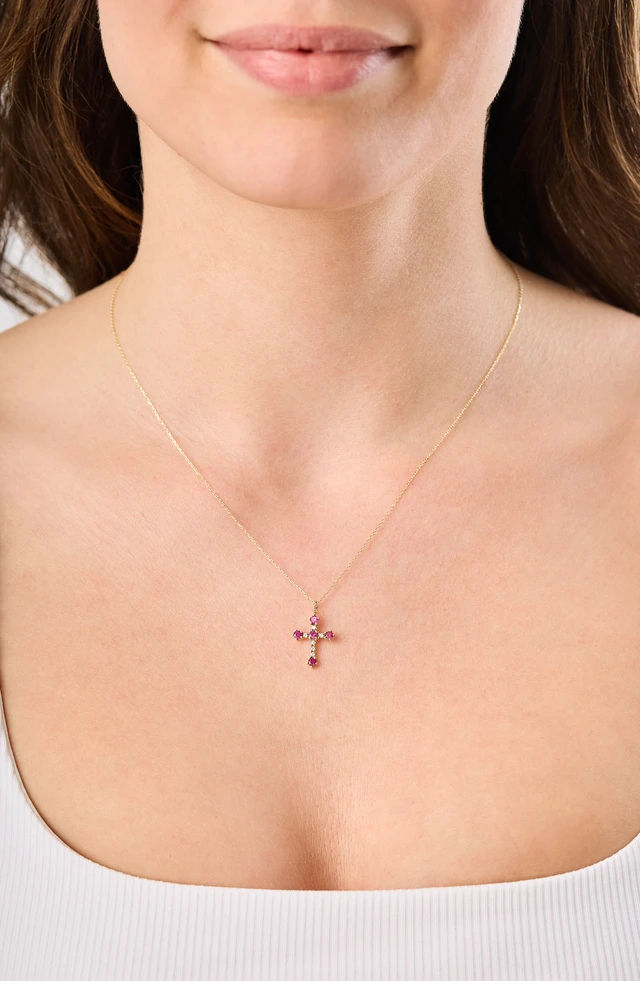18K Yellow Gold El Mar Ruby and Natural Diamond Cross Pendant Necklace