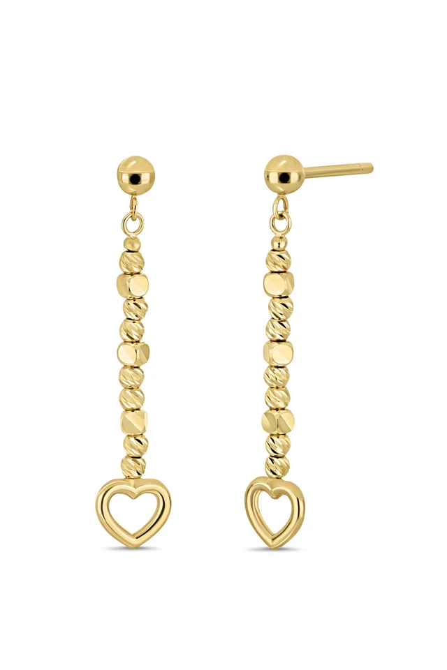 14K Yellow Gold Beaded Heart Drop Earrings