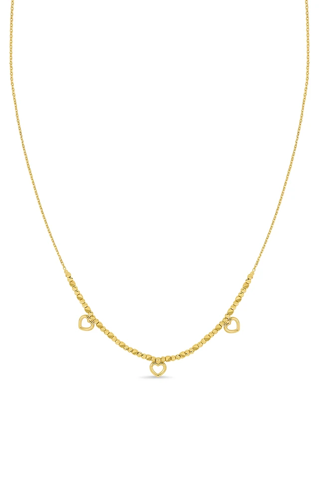 14K Yellow Gold Beaded Heart Station Chain Necklace