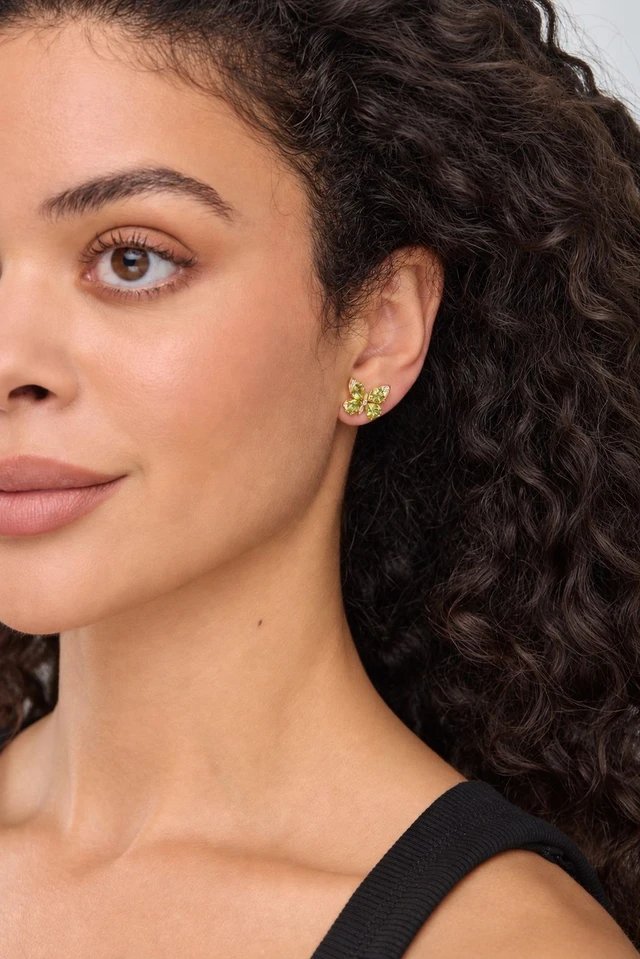 18K Yellow Gold Iris Peridot and Natural Diamond Butterfly Stud Earrings