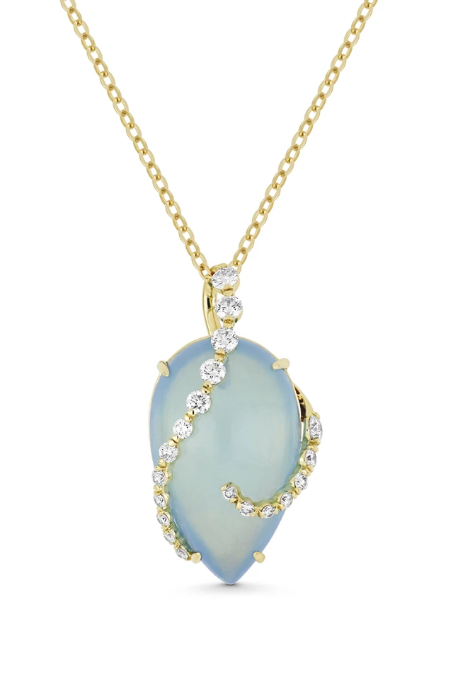 18K Yellow Gold Iris Milky Aquamarine and Natural Diamond Pendant Necklace