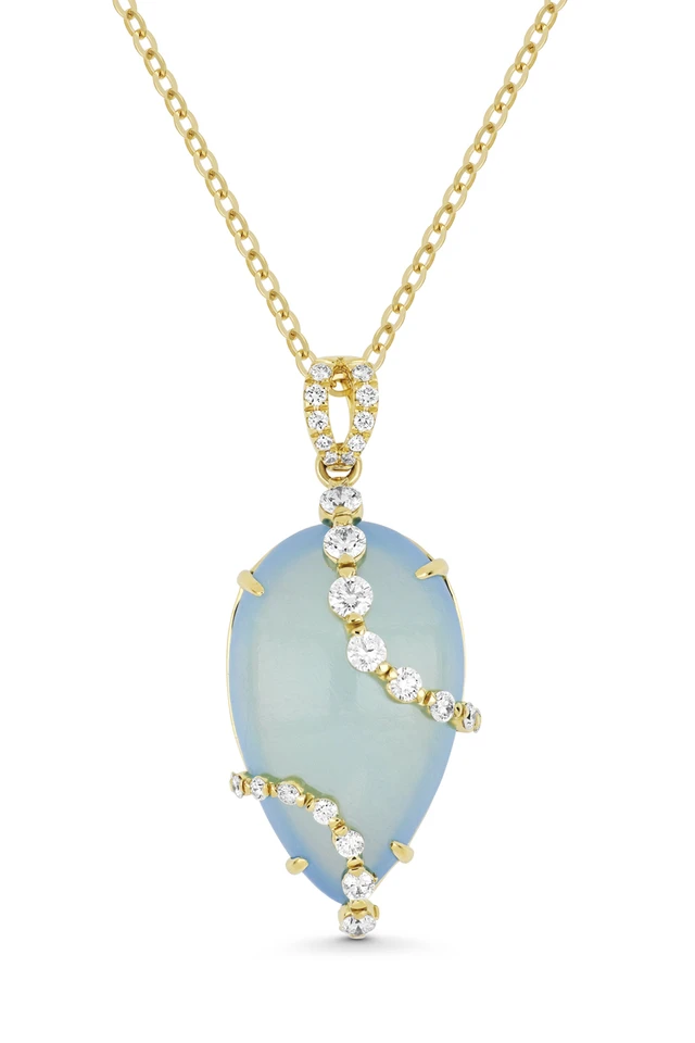 18K Yellow Gold Iris Milky Aquamarine and Natural Diamond Pendant Necklace