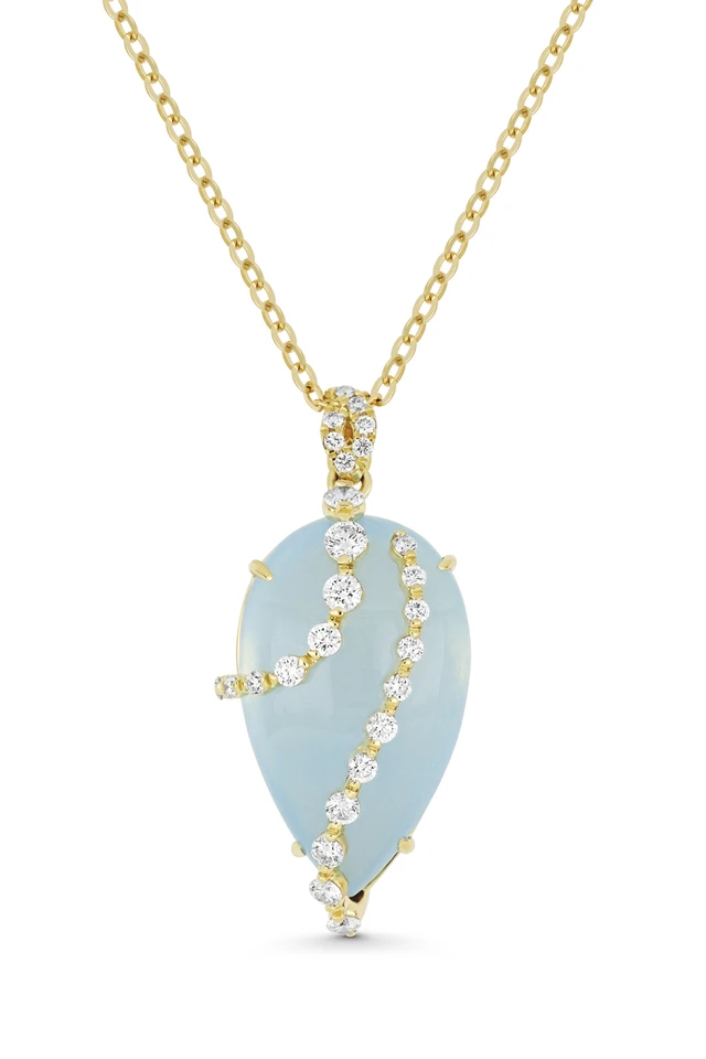 18K Yellow Gold Iris Milky Aquamarine and Natural Diamond Pendant Necklace