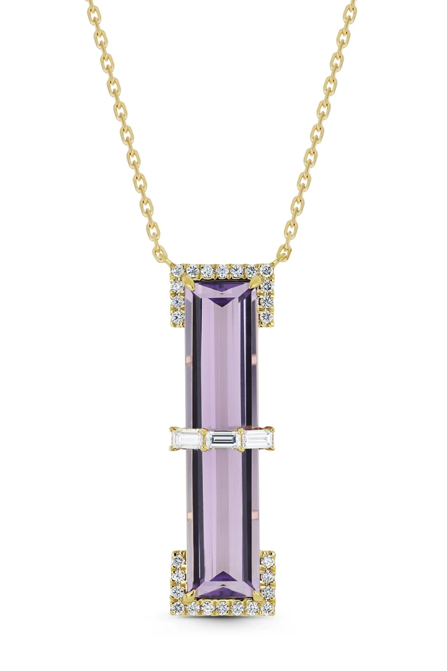 18K Yellow Gold Iris Purple Amethyst and Natural Diamond Bar Statement Necklace
