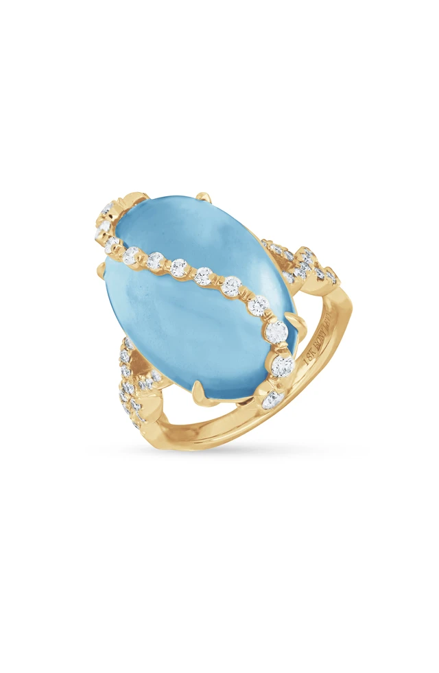 18K Yellow Gold Iris Milky Aquamarine and Natural Diamond Statement Ring