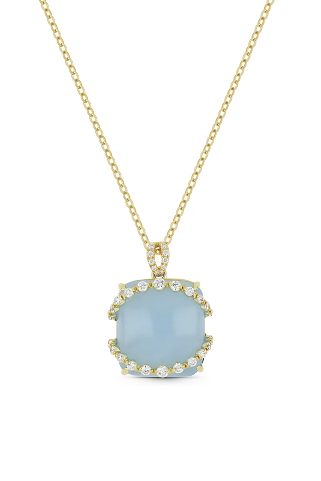 18K Yellow Gold Iris Milky Aquamarine and Natural Diamond Pendant Necklace