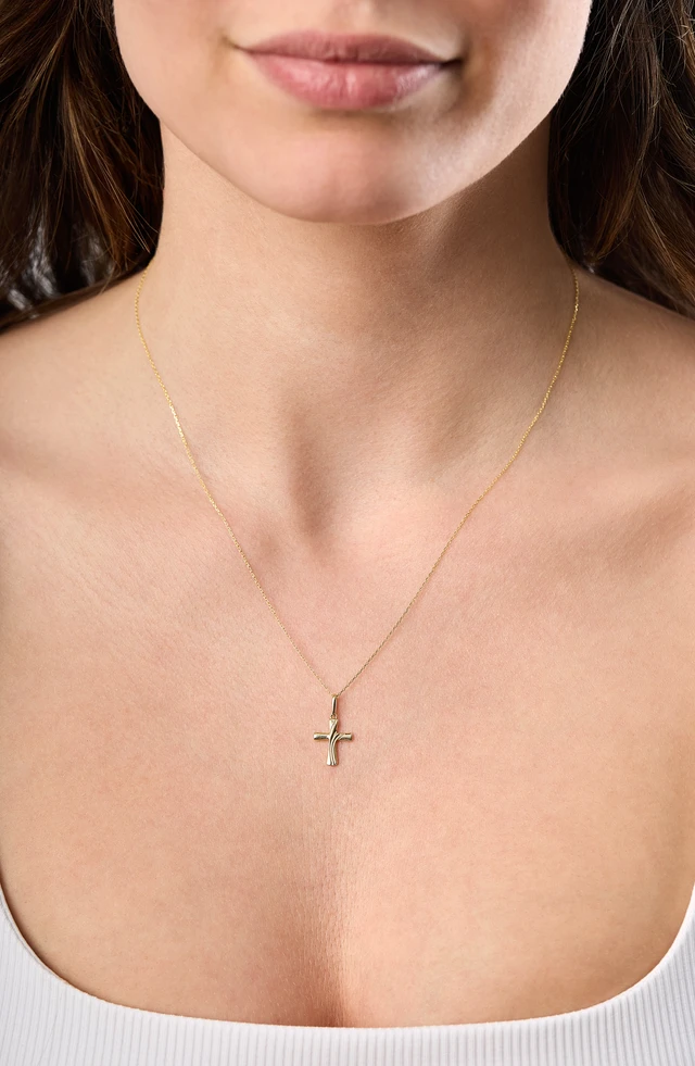 14K Yellow Gold Textured Cross Pendant Necklace