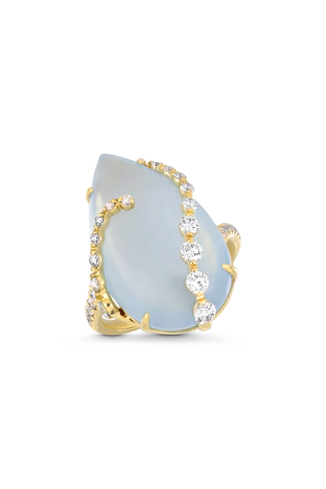 18K Yellow Gold Iris Milky Aquamarine and Natural Diamond Statement Ring