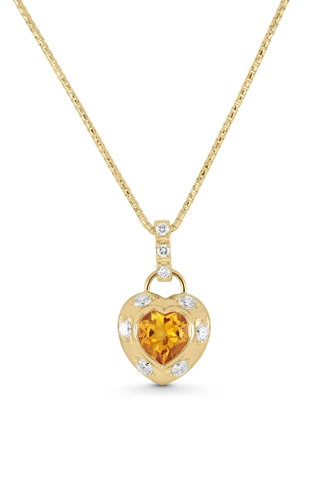 18K Yellow Gold Iris Citrine and Natural Diamond Heart Pendant Necklace